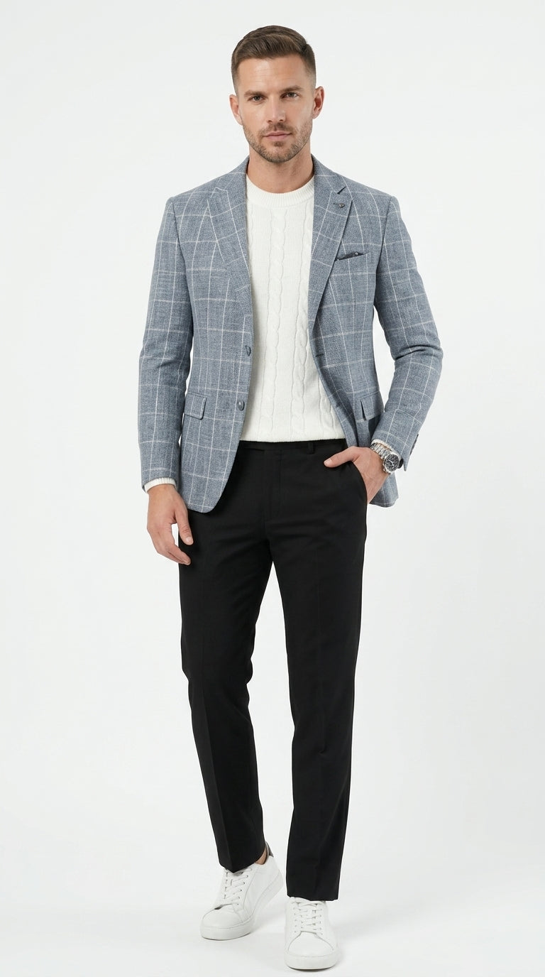 Stacy Adams Men’s Light Gray and Blue Textured Windowpane Sport Coat, Hybrid Fit Business Casual Blazer