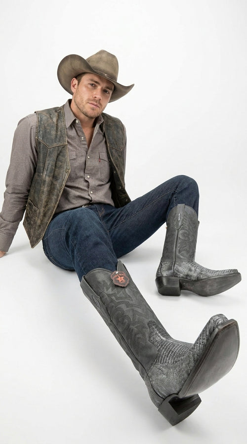 Men's Los Altos Boots 7 Toe Genuine Teju Lizard Sanded Black Leather Boots Handcrafted