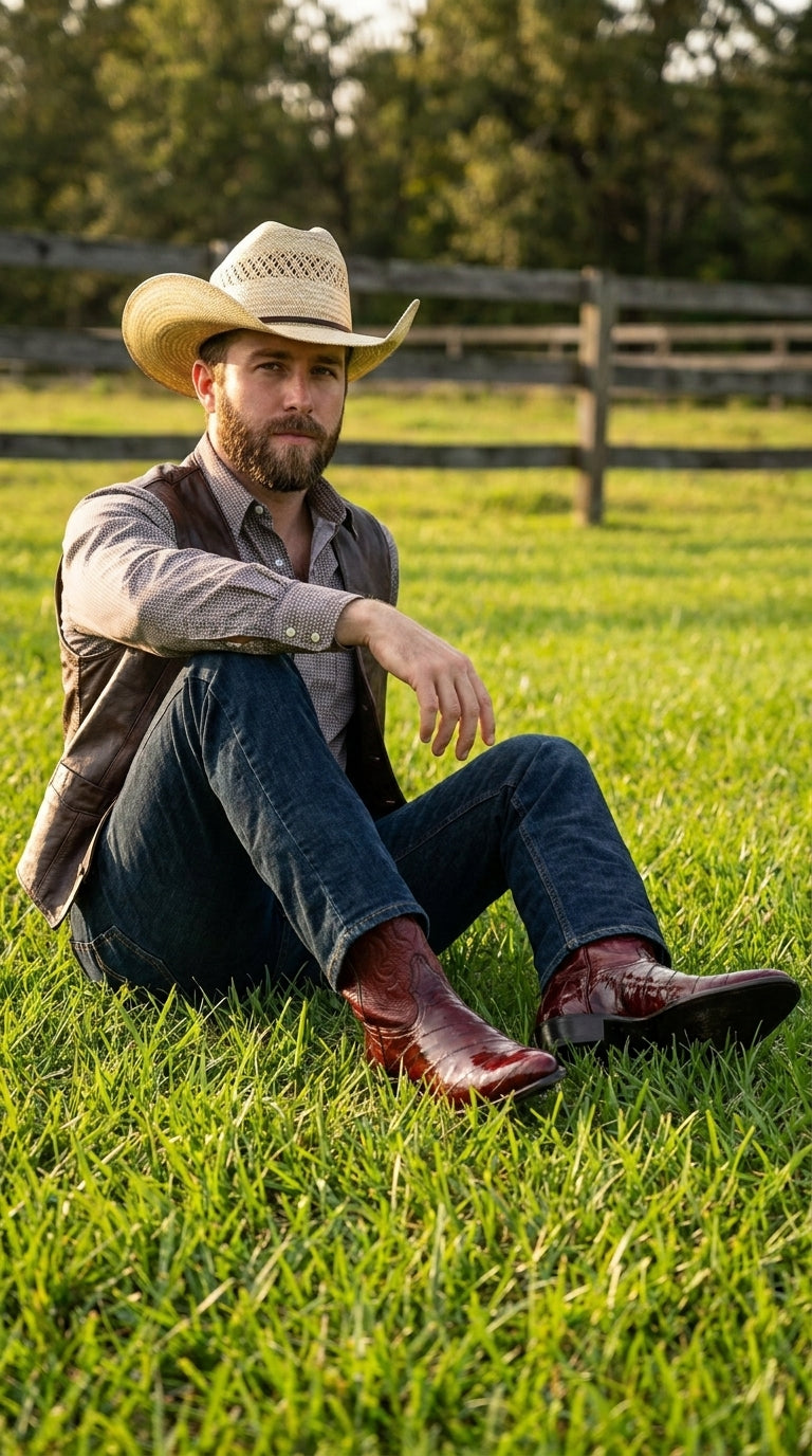 Men’s Burgundy Eel Cowboy Boots with J Toe, Exotic Leather Western Dress Boots