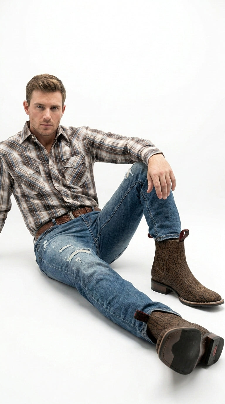 Men’s Bull Shoulder Short Cowboy Boots in Black and Brown, Western Ankle Boots with Square Toe