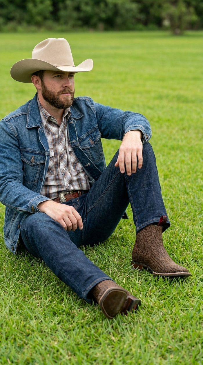 Men’s Bull Shoulder Short Cowboy Boots in Black and Brown, Western Ankle Boots with Square Toe
