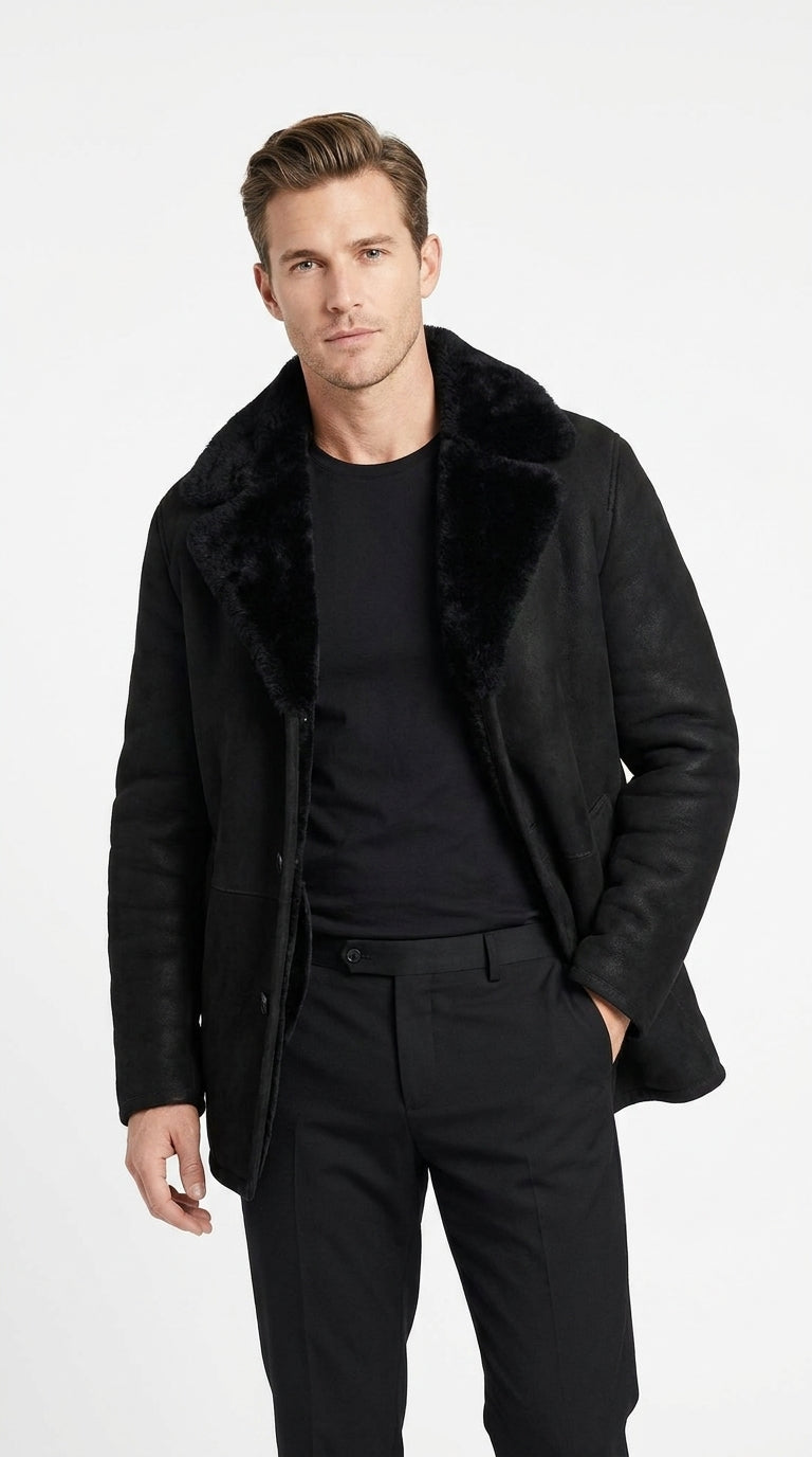 Men’s Black Shearling Jacket with Faux Fur Collar, Western Winter Coat for Casual Wear