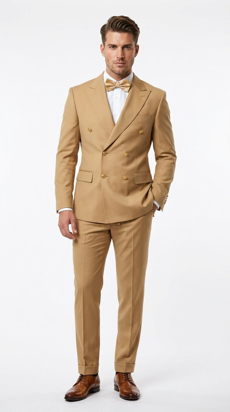Rossiman Men’s Mustard Yellow Double Breasted Suit, Designer Fashion Dress Suit for Weddings, Prom, Parties, and Special Occasions