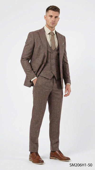 Stacy Adams Men’s Brown Textured Windowpane 3 Piece Hybrid Fit Suit, Black and Orange Check Formal Dress Suit for Weddings, Prom, Business Events, and Parties