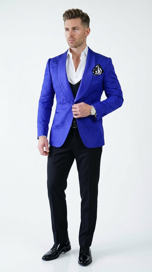 Men’s Royal Blue Prom Tuxedo Jacket, Textured Shawl Lapel Homecoming and Wedding Formal Blazer