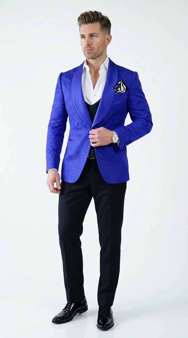 Men’s Royal Blue Prom Tuxedo Jacket, Textured Shawl Lapel Homecoming and Wedding Formal Blazer