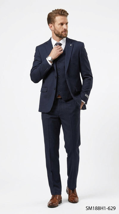 Stacy Adams Men’s 3 Piece Glen Check Hybrid Fit Suit, Formal Wedding Business Suit in Navy, Gray and Brown