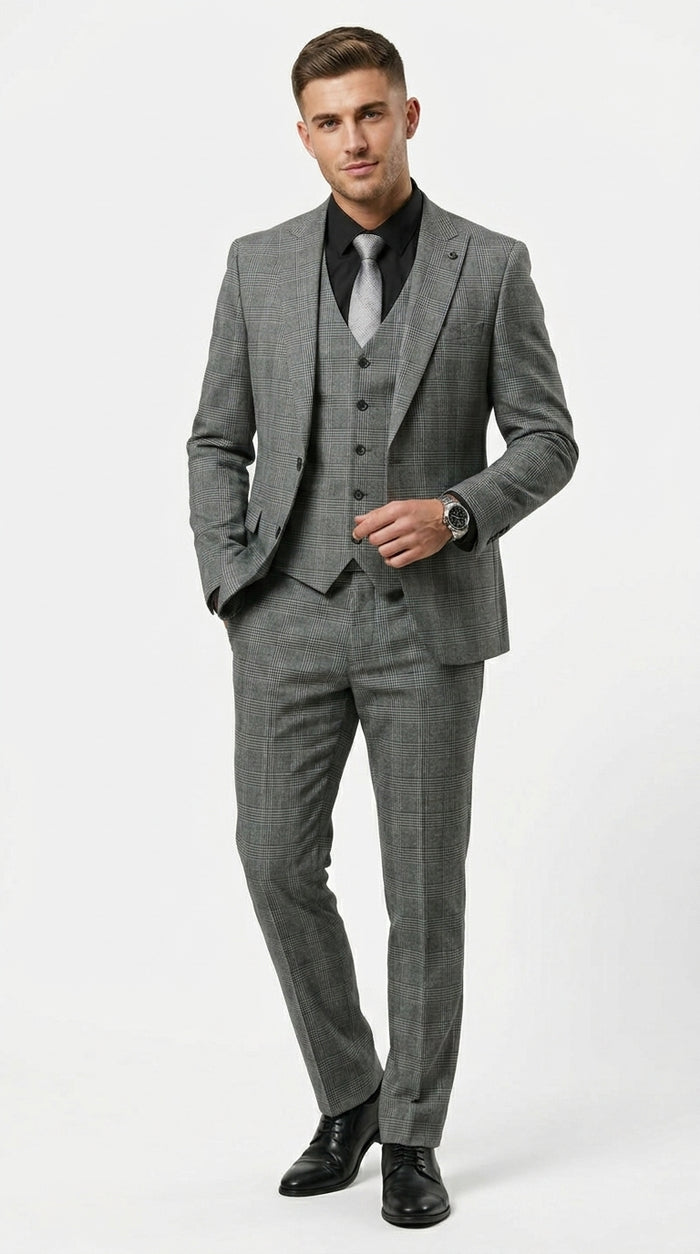 Stacy Adams Men’s 3 Piece Glen Check Hybrid Fit Suit, Formal Wedding Business Suit in Navy, Gray and Brown