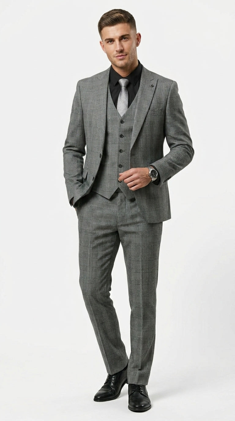 Stacy Adams Men’s 3 Piece Glen Check Hybrid Fit Suit, Formal Wedding Business Suit in Navy, Gray and Brown