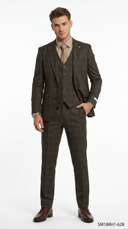 Stacy Adams Men’s 3 Piece Glen Check Hybrid Fit Suit, Formal Wedding Business Suit in Navy, Gray and Brown