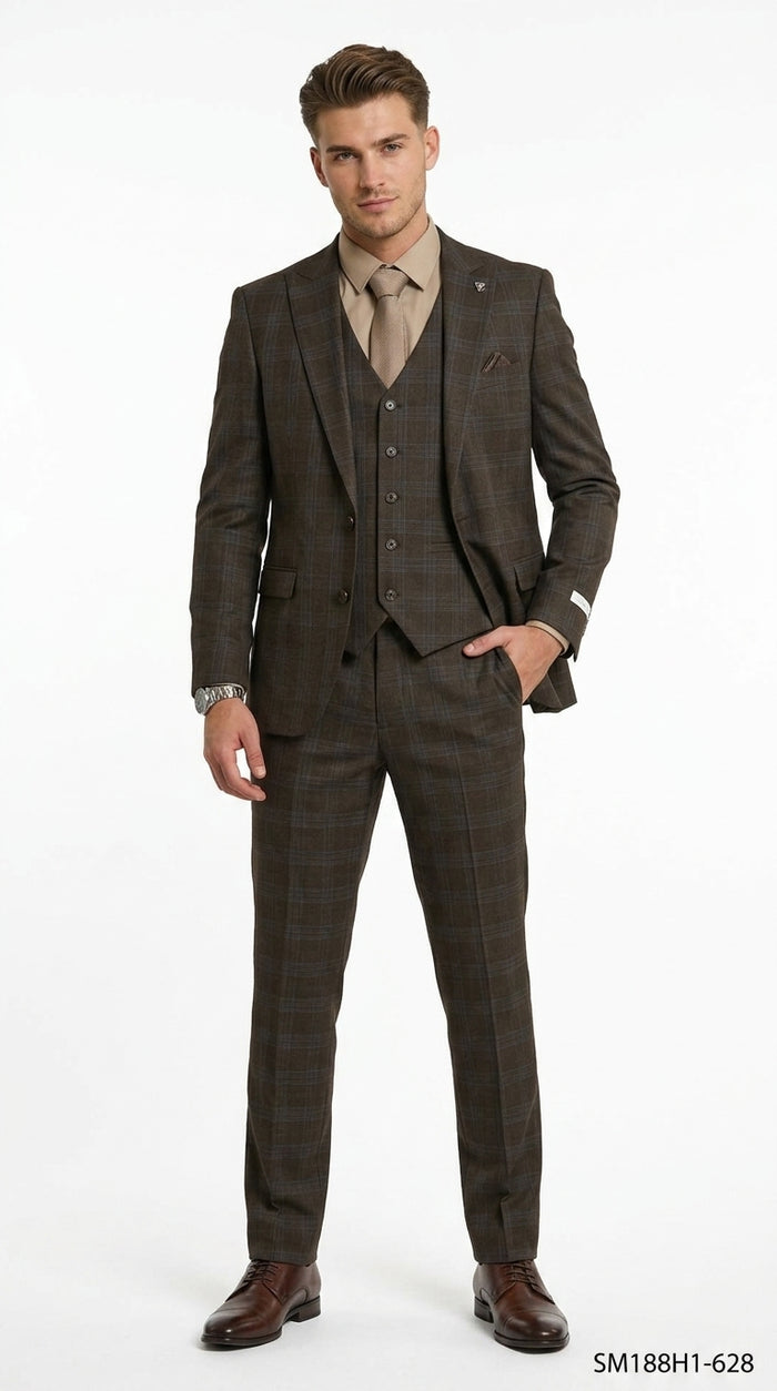 Stacy Adams Men’s 3 Piece Glen Check Hybrid Fit Suit, Formal Wedding Business Suit in Navy, Gray and Brown