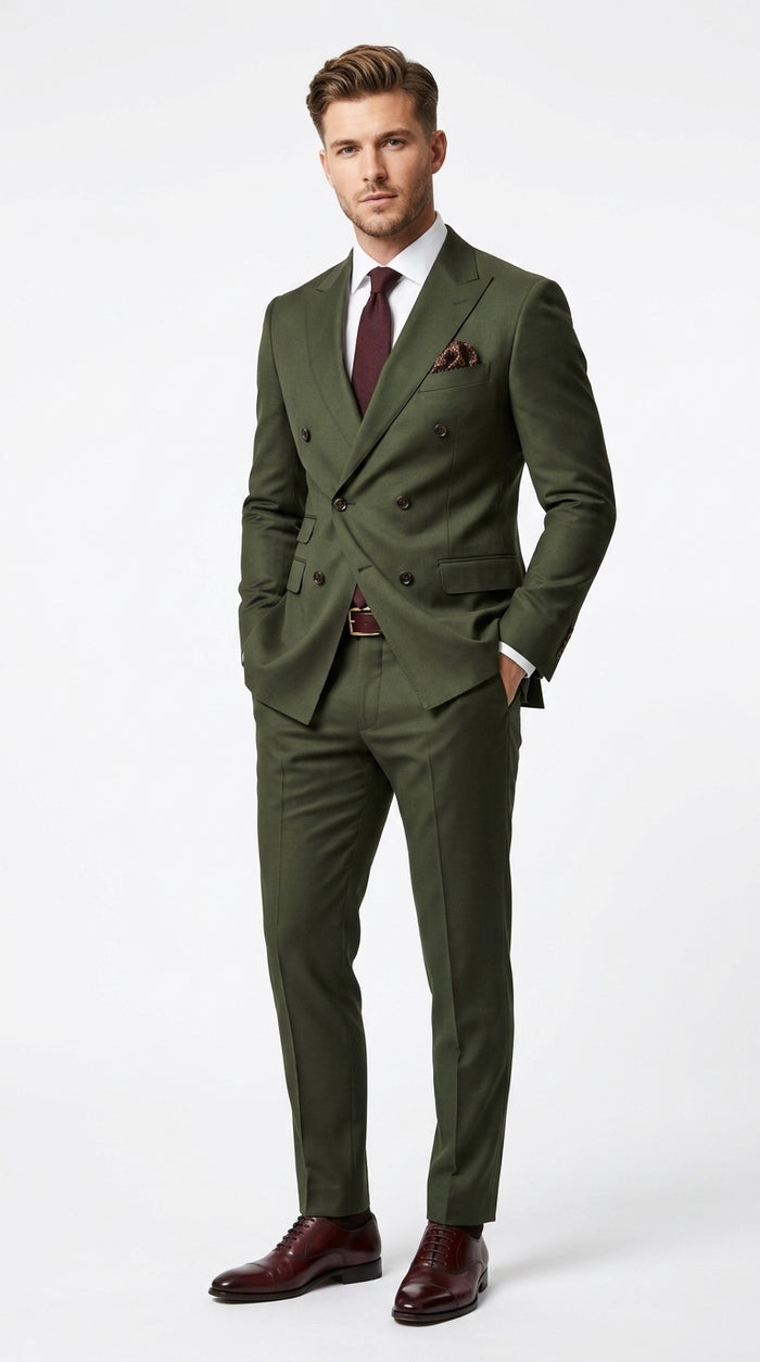 Men’s Dark Green Double Breasted Suit, Classic Formal Wedding Business Dress Suit