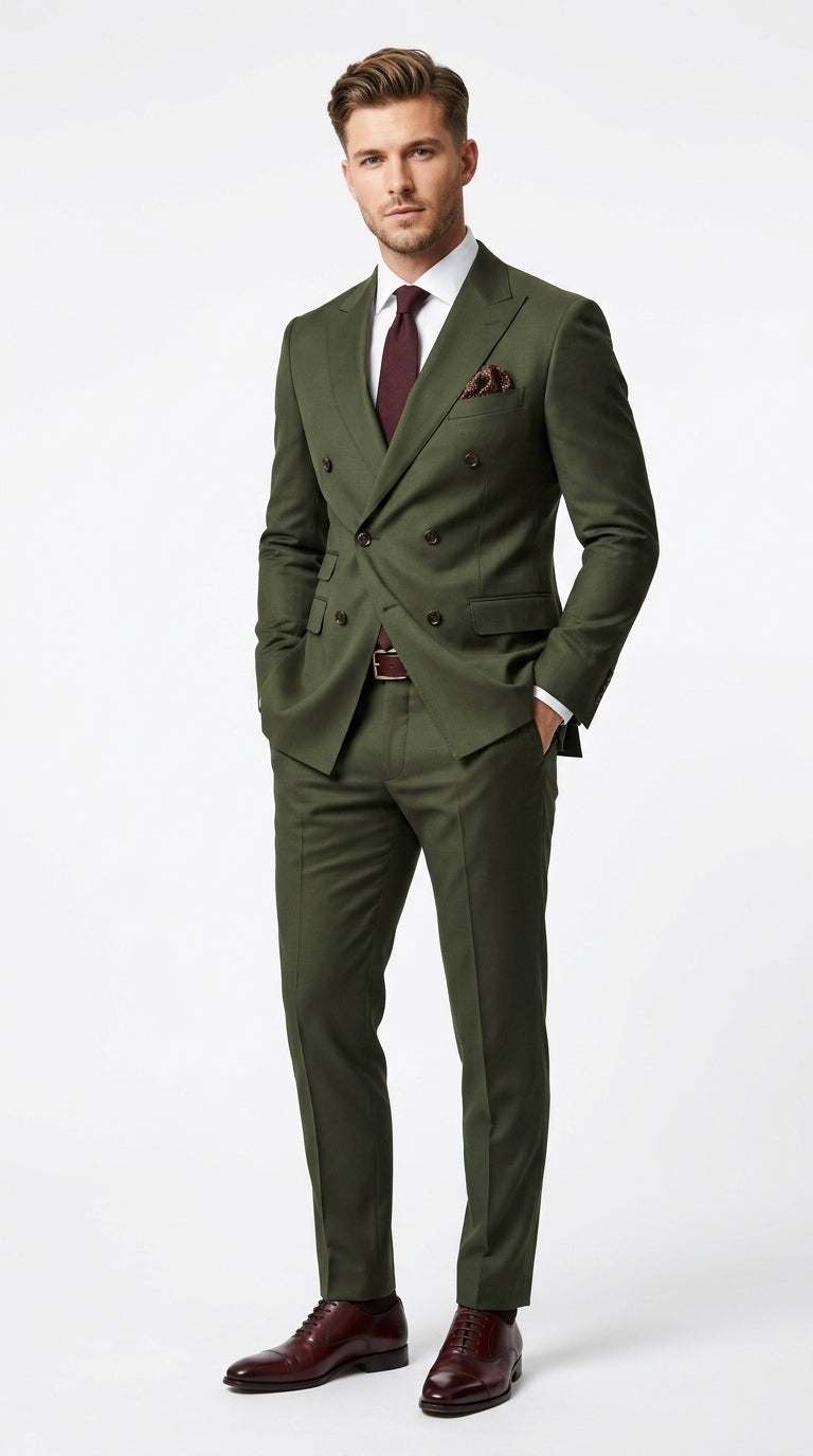Men’s Dark Green Double Breasted Suit, Classic Formal Wedding Business Dress Suit