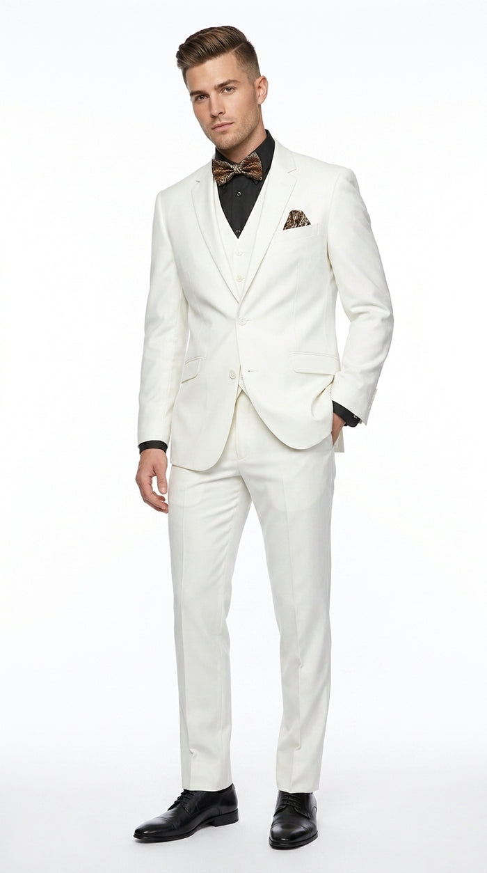 Men’s Off White 100% Wool Vested Suit, Solid Formal Wedding Prom 3 Piece Suit Set