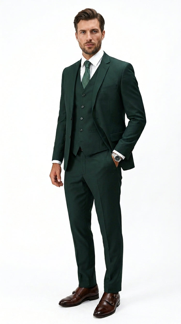 Men’s Hunter Green Vested Suit, Statement Formal Wedding Prom 3 Piece Suit Set