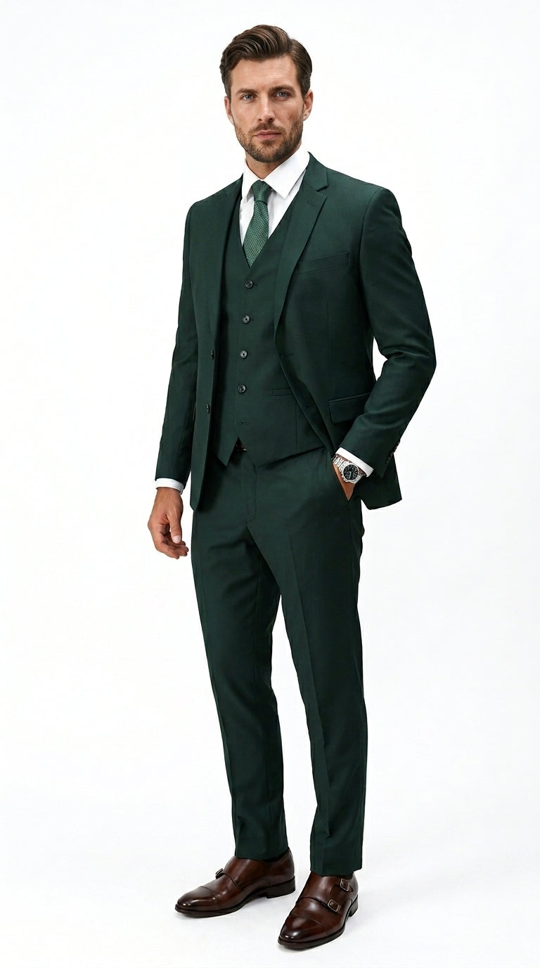 Men’s Hunter Green Vested Suit, Statement Formal Wedding Prom 3 Piece Suit Set