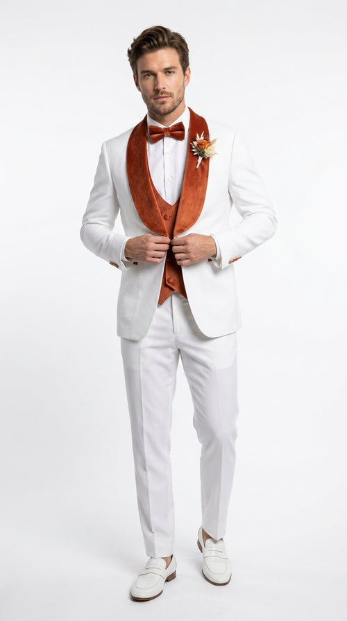 Men’s Cream Wedding Suit with Orange Contrast Shawl Lapel, Vested Groom Formal Suit Set