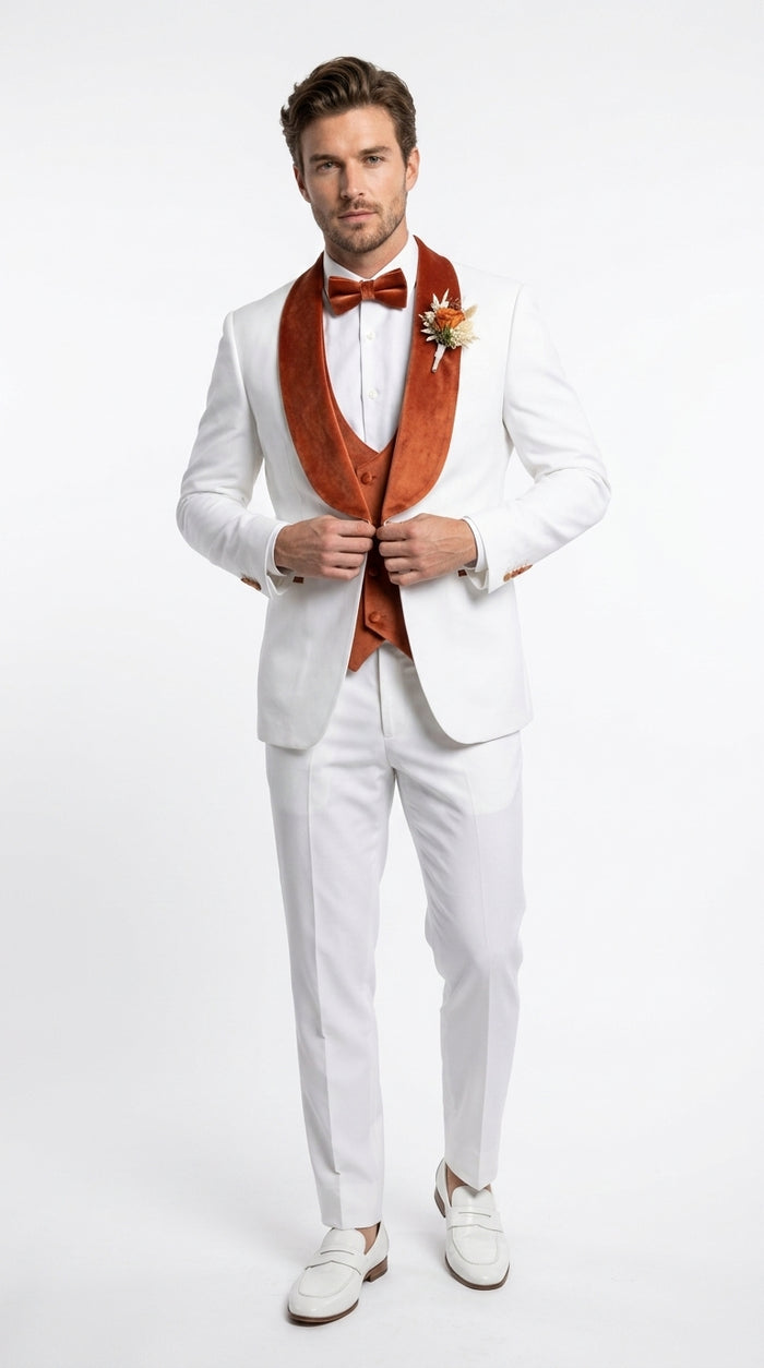Men’s Cream Wedding Suit with Orange Contrast Shawl Lapel, Vested Groom Formal Suit Set