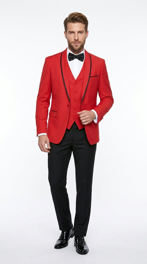Statement Men’s Red 100% Wool Vested Tuxedo with Black Trim Fine Lapel, Wedding Prom Formal Suit Set