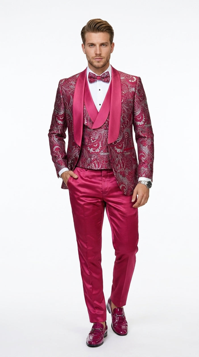 Statement Men’s Red Patterned Vested Tuxedo with Bowtie, Paisley Formal Wedding Prom Suit Set