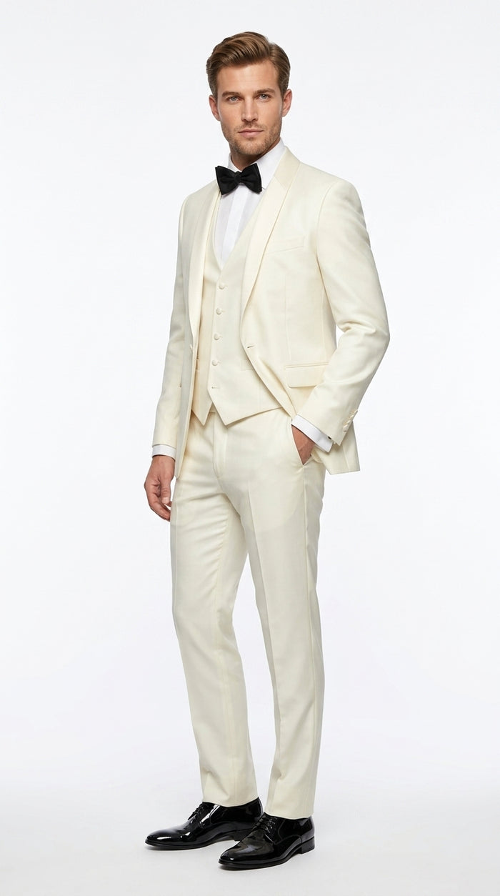 Statement Men’s Off White 100% Wool Vested Tuxedo with White Lapel, Wedding Prom Formal Suit Set