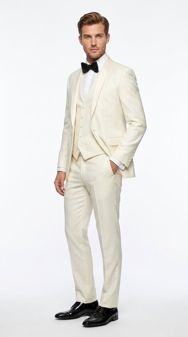 Statement Men’s Off White 100% Wool Vested Tuxedo with White Lapel, Wedding Prom Formal Suit Set