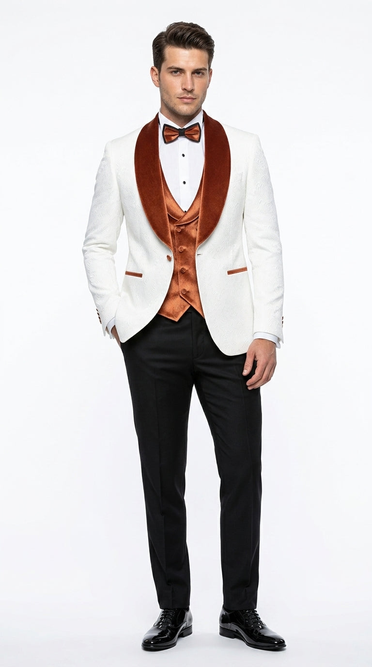 Men’s White Paisley Tuxedo with Burnt Orange Velvet Shawl Lapel, Formal Wedding Prom Dinner Suit - Orange and White
