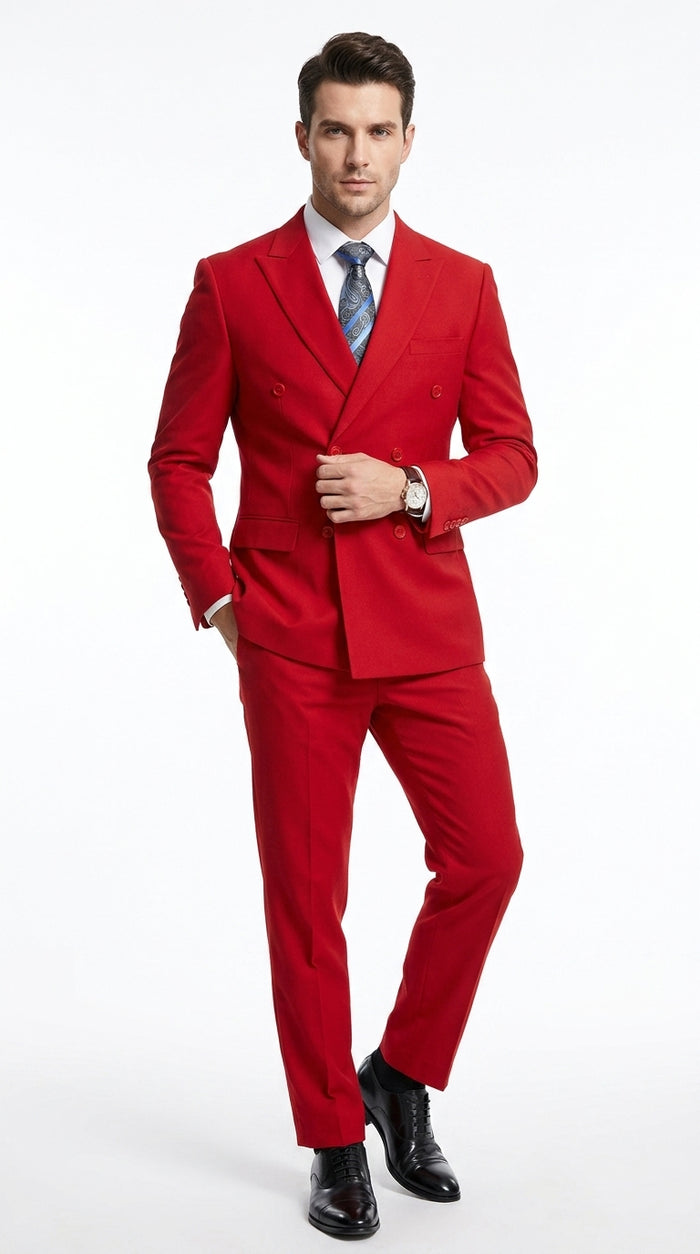 Men’s Red Double Breasted Poplin Suit, Classic Formal Wedding Church Business Suit Set