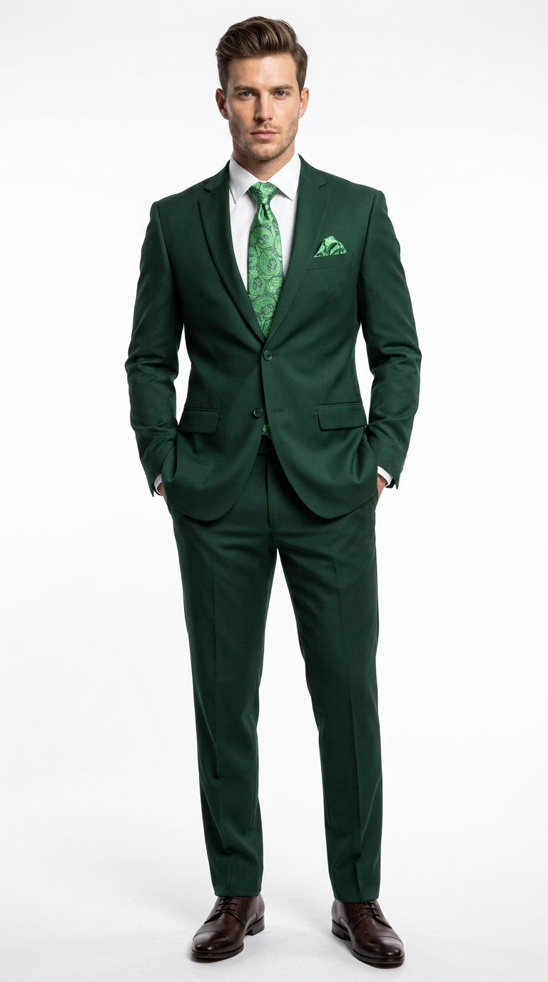 Men’s Green 2 Button Classic Fit Poplin Suit, Affordable Formal Wedding Business Dress Suit