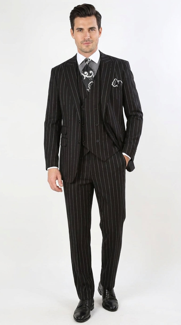 Royal Diamond Men’s Black Pinstripe 3-Piece Suit – Classic Wedding, Business and Formal Suit with Vest - 38 Short Jacket+32 Waist Adjustable 28to34)(Height: 5 4 to5 7 )(Neck  15-16.5)S-M)