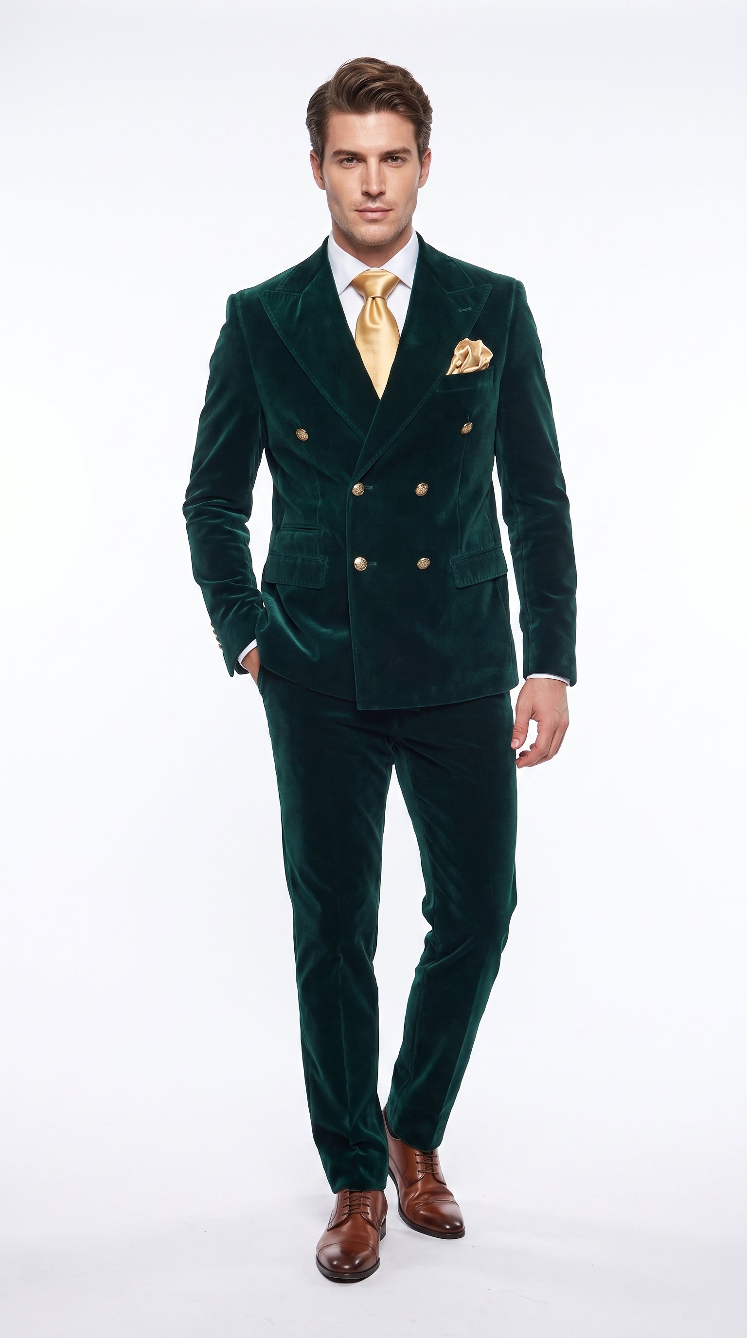 Men’s Rossi Man Zeus Emerald Green Velvet Double Breasted Tuxedo Suit, Formal Wedding Prom Dinner Suit