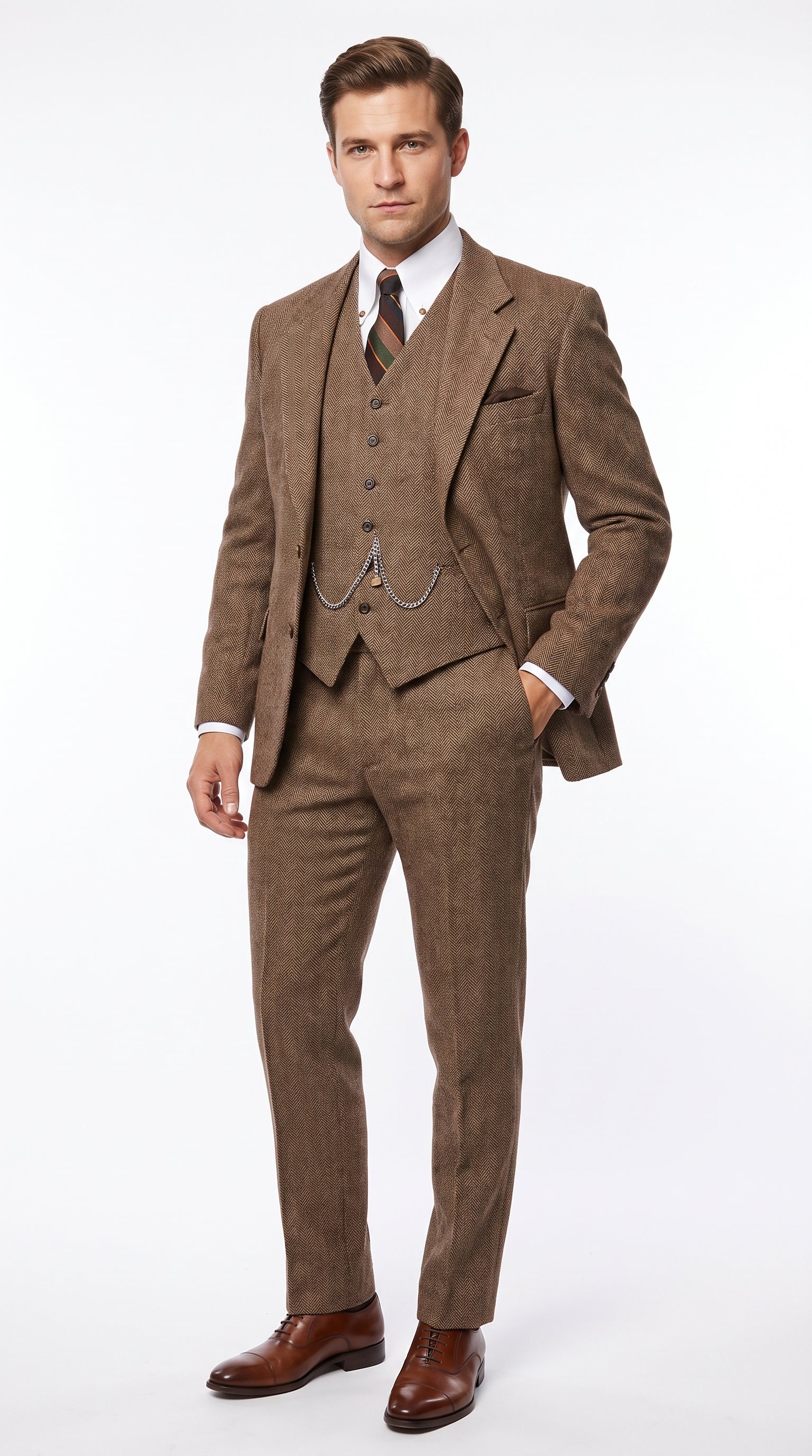 Men’s Light Brown Great Gatsby Tweed Herringbone Vested Suit, Tobey Maguire Inspired 1920s Formal Outfit