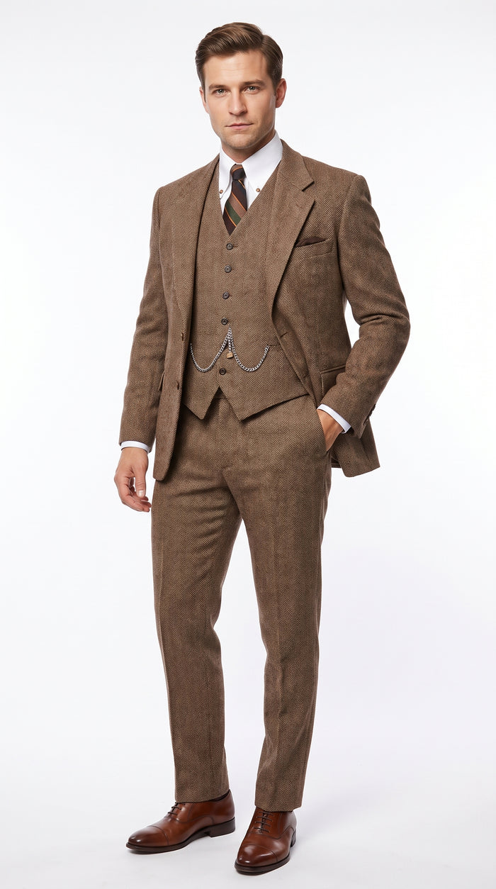Men’s Light Brown Great Gatsby Tweed Herringbone Vested Suit, Tobey Maguire Inspired 1920s Formal Outfit