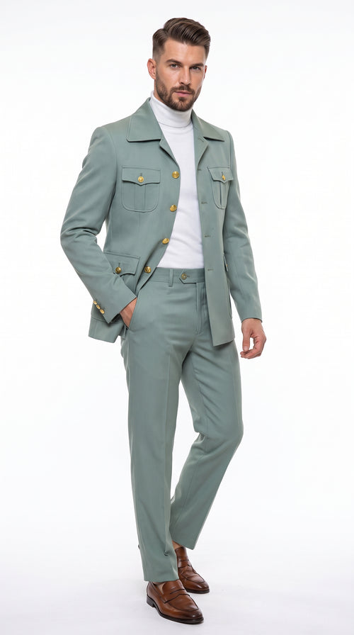 Men’s Olive Green Safari Suit Set, Utility Jacket and Adjustable Waist Pants Casual Outfit