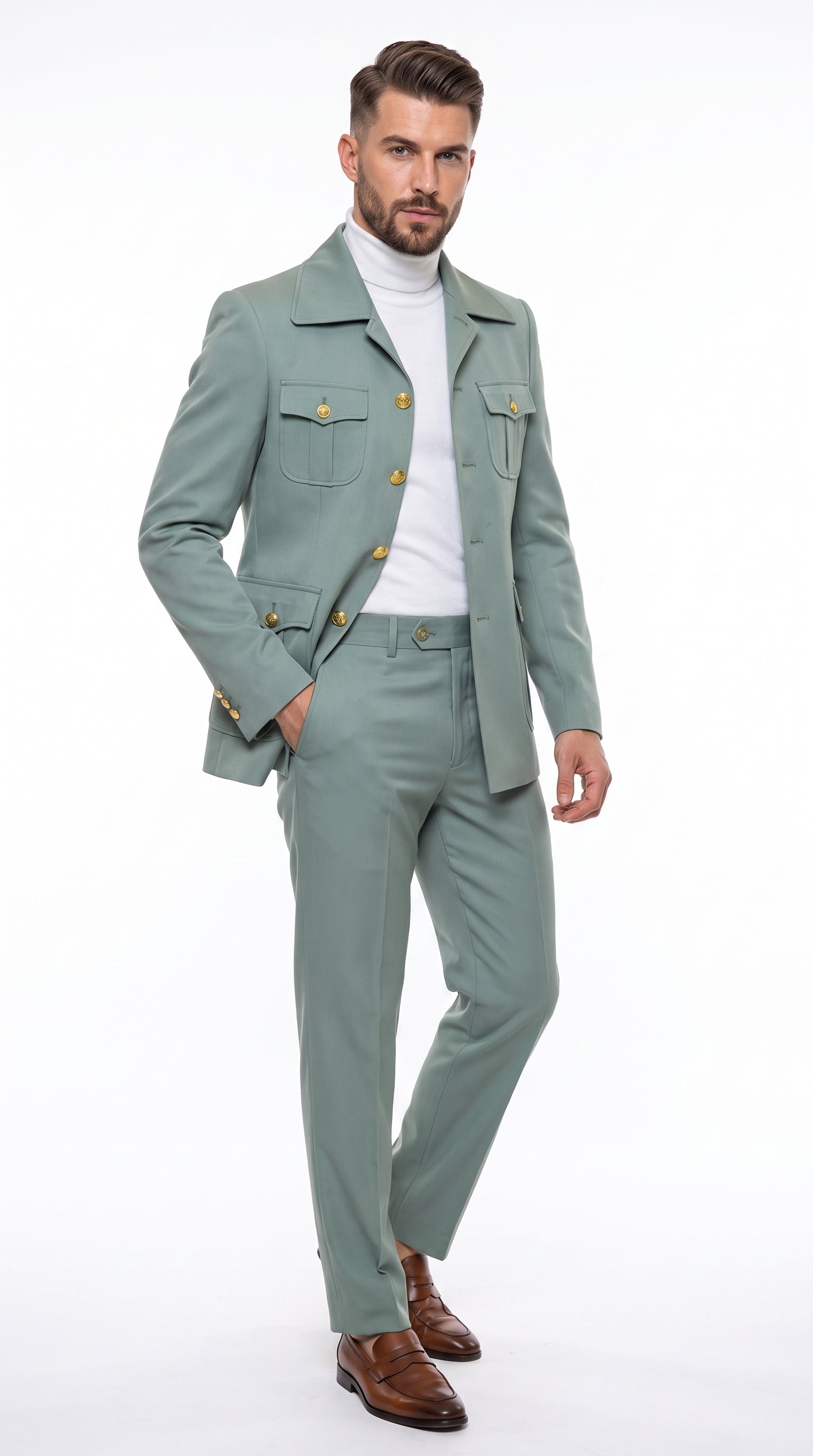 Men’s Olive Green Safari Suit Set, Utility Jacket and Adjustable Waist Pants Casual Outfit