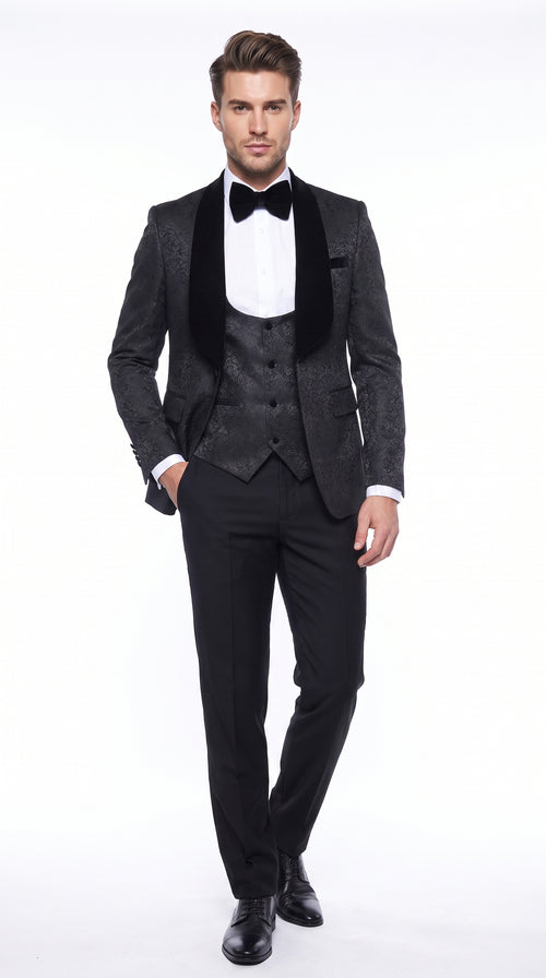 Rossi Man RM1446 Men’s Black 3 Piece Smoking Style Tuxedo Suit, Formal Wedding Prom Dinner Suit