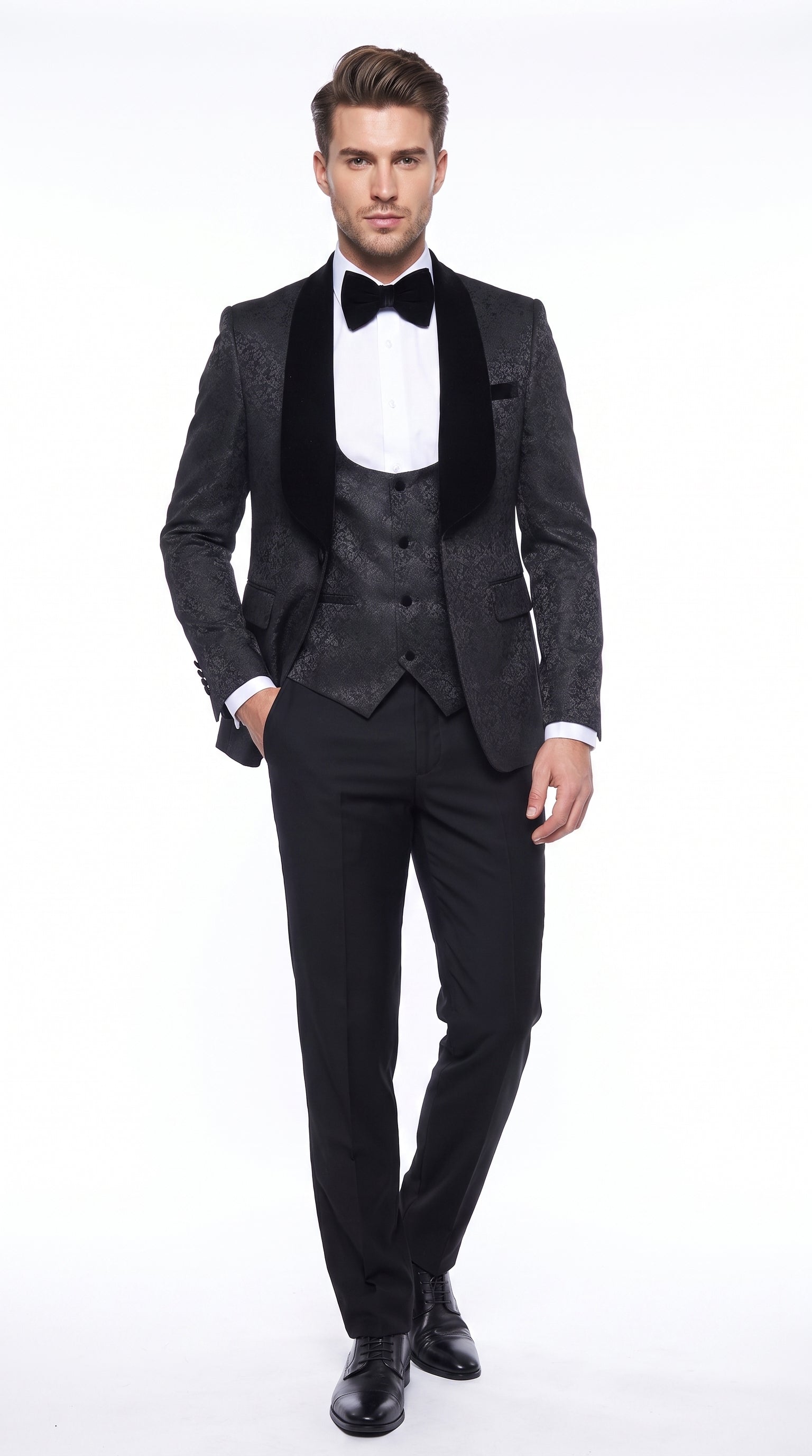 Rossi Man RM1446 Men’s Black 3 Piece Smoking Style Tuxedo Suit, Formal Wedding Prom Dinner Suit