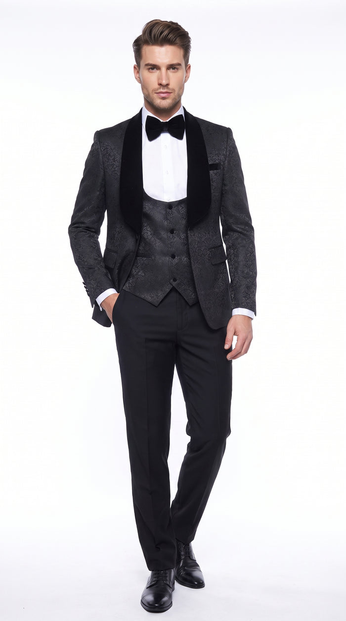 Rossi Man RM1446 Men’s Black 3 Piece Smoking Style Tuxedo Suit, Formal Wedding Prom Dinner Suit