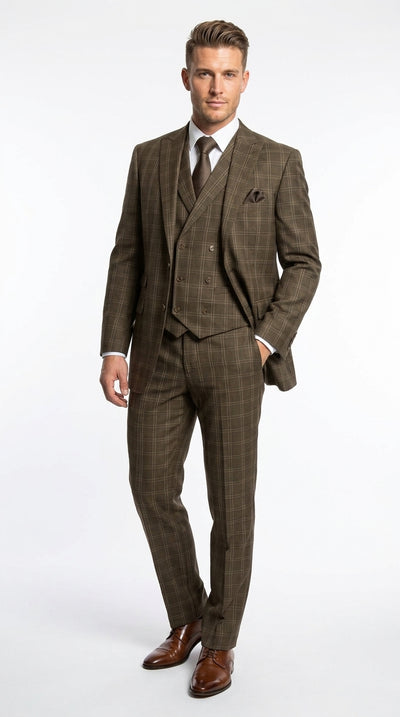 Men’s Brown Windowpane Plaid 3 Piece Suit, Double Breasted Vest Formal Wedding Business Suit