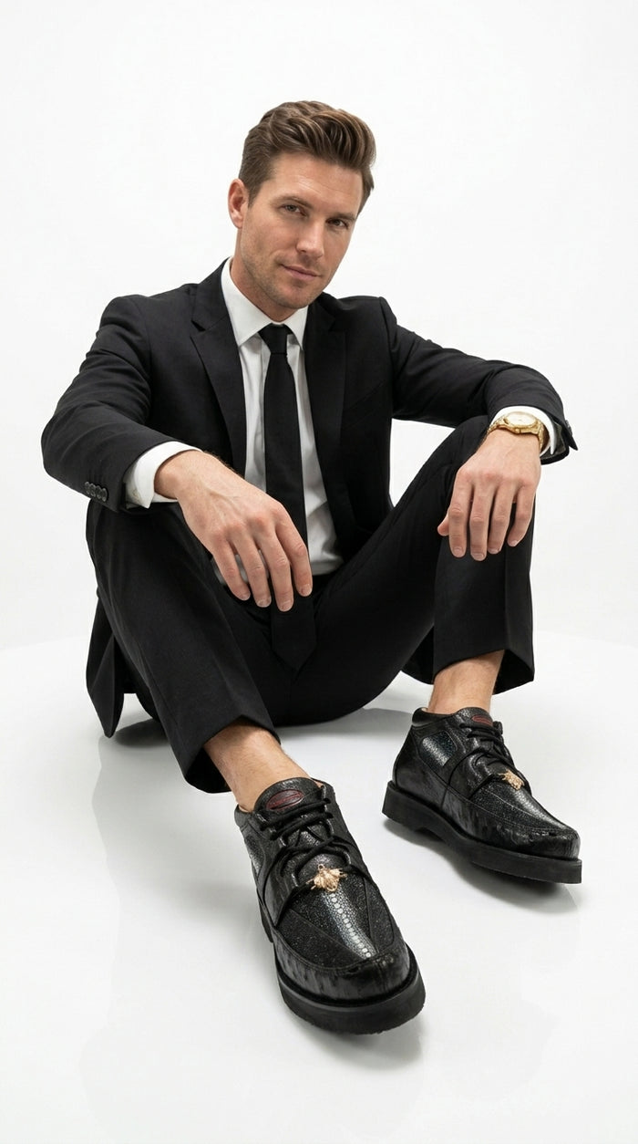 Los Altos Men’s Black Stingray and Ostrich Skin Casual Shoes, Exotic Lace Up Ankle Dress Shoes