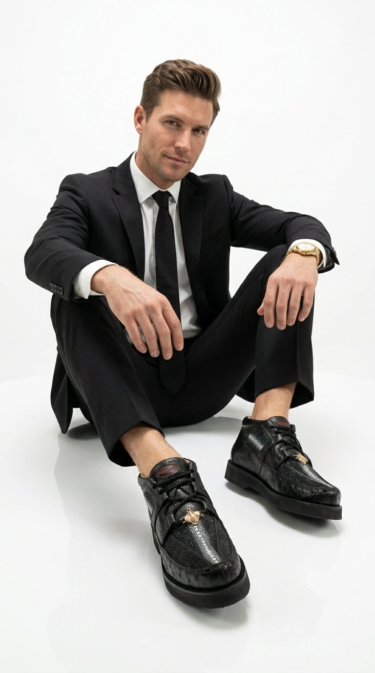 Los Altos Men’s Black Stingray and Ostrich Skin Casual Shoes, Exotic Lace Up Ankle Dress Shoes