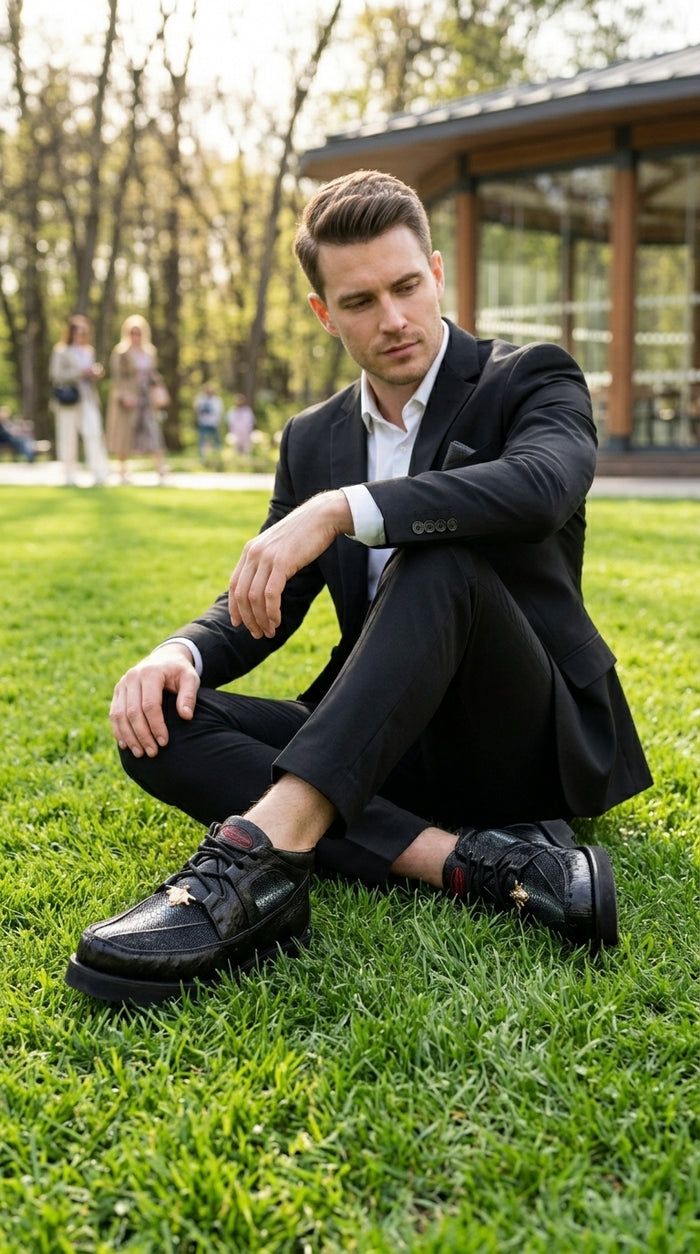 Los Altos Men’s Black Stingray and Ostrich Skin Casual Shoes, Exotic Lace Up Ankle Dress Shoes
