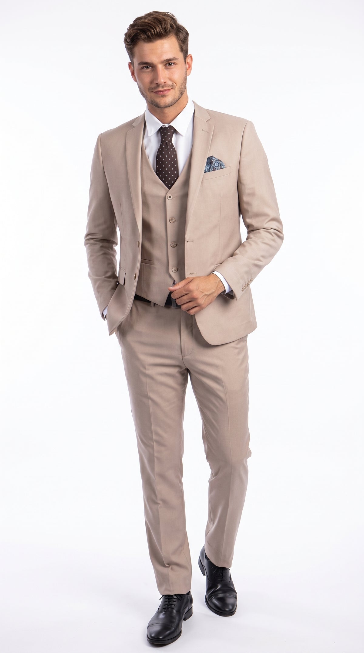 Men’s Medium Tan 3 Piece Suit, Slim Fit Two Button Vested Formal Wedding Business Suit