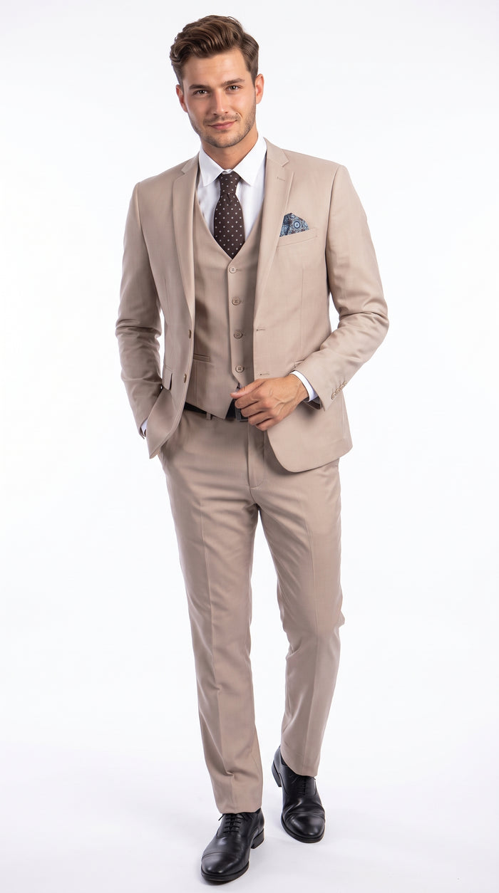 Men’s Medium Tan 3 Piece Suit, Slim Fit Two Button Vested Formal Wedding Business Suit