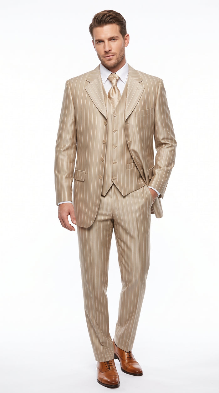 Men’s Champagne Gold Zoot Suit, 1920s Harlem Gangster Tan Stripe Fortino 2911V Vested Suit