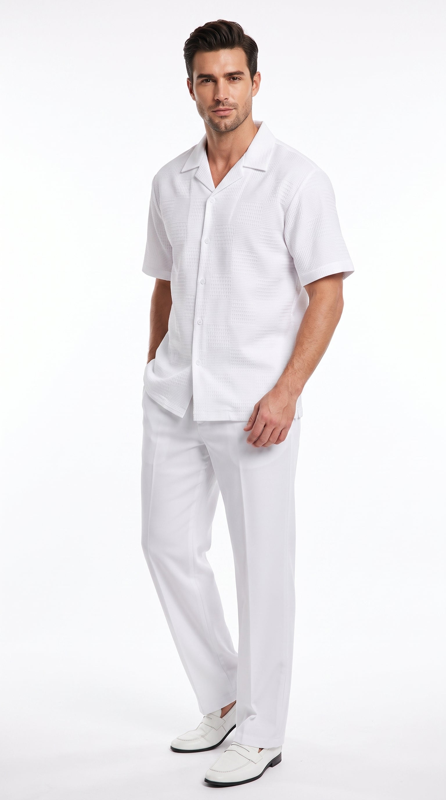 Men’s White Walking Suit, Casual Short Sleeve Shirt and Pants Summer Set - S or Small