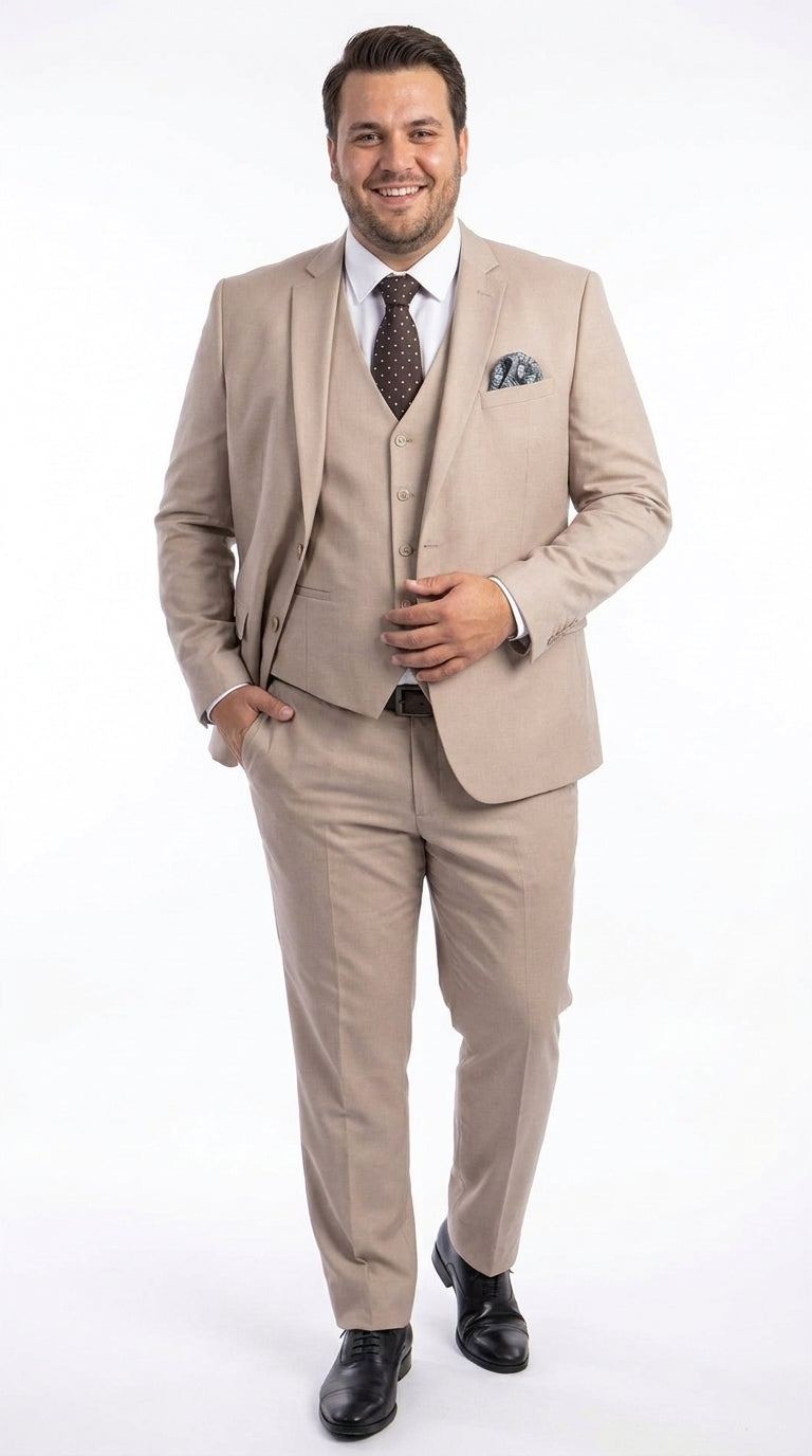 Men’s Medium Tan 3 Piece Suit, Slim Fit Two Button Vested Formal Wedding Business Suit