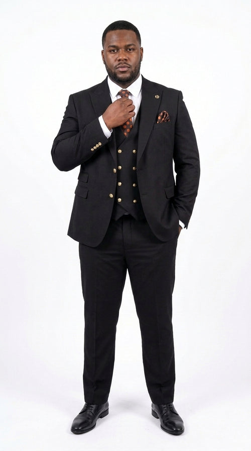 Men’s Black Double Breasted Vested Suit, 1920s 1980s Style Peak Lapel Wool Feel Designer Suit with Gold Buttons