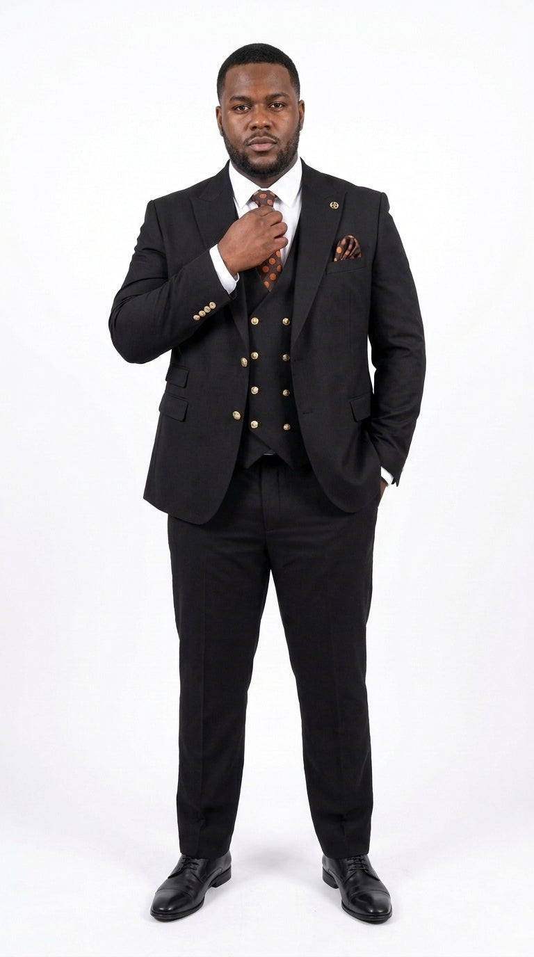 Men’s Black Double Breasted Vested Suit, 1920s 1980s Style Peak Lapel Wool Feel Designer Suit with Gold Buttons