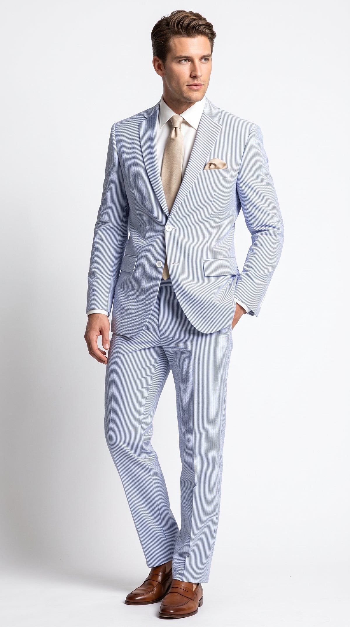 Men’s Navy Seersucker 2 Piece Suit, Modern Fit Summer Wedding Dress Suit